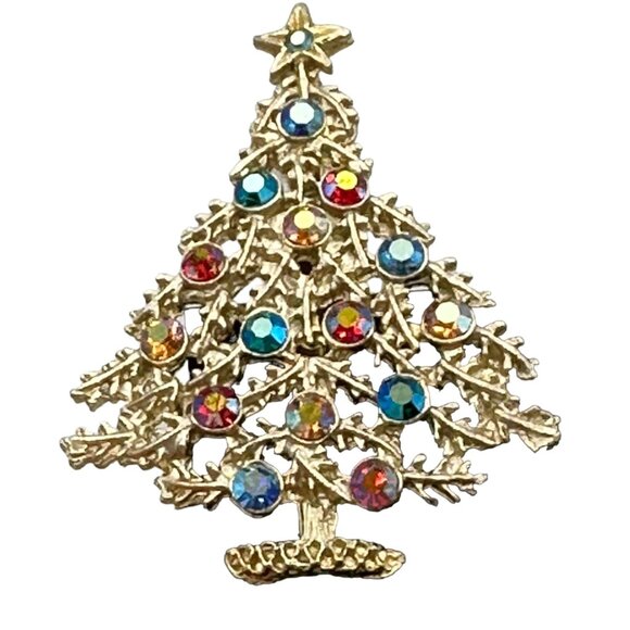 Christmas Tree Brooch Silver Tone Multicolor Rhinestones Jewelry Costume Fashion - Picture 5 of 12